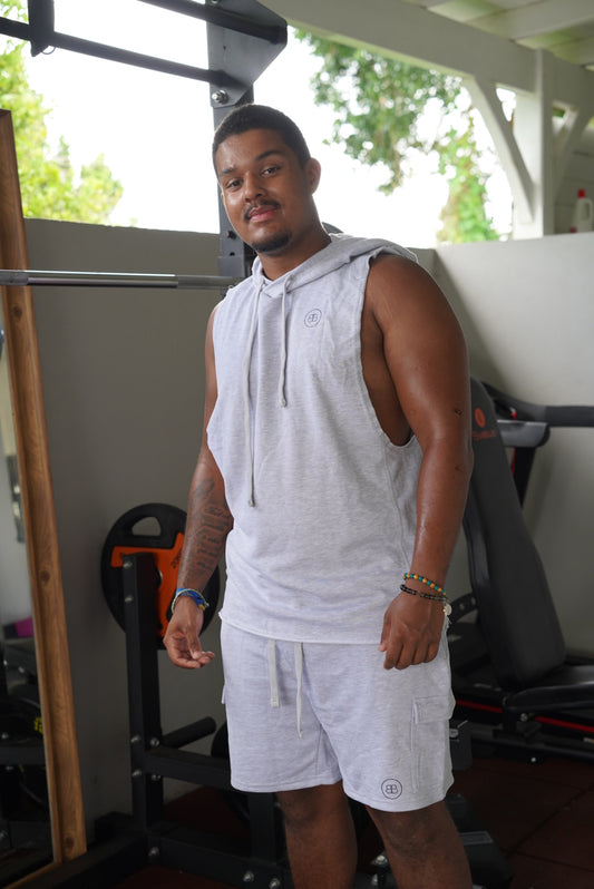 SHORT de sport homme 100% coton – Débardeur à capuche + short avec poches