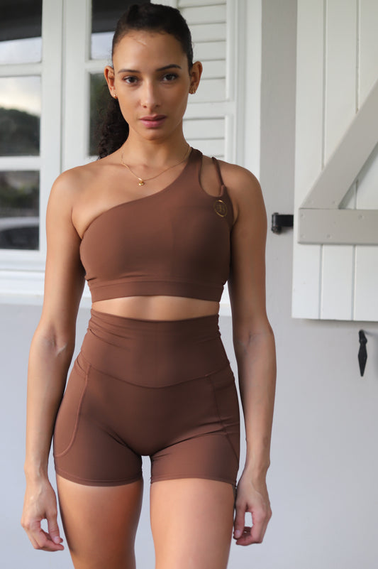 Ensemble de sport brassière asymétrique & short avec poches "Naxos" marron brun